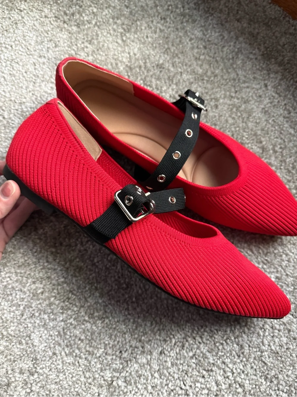 NIB Red Pointed Knit Flats with Black Studded Strap